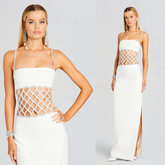 NWT Retrofête Solene Maxi Dress Crystal & Pearl Embellished Cut-Out Square Neck - Picture 2 of 11